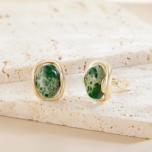 YOQUCOL Natural Stone Trendy Clip On Stud Earrings for Women Gold Plated Non Pierced Statement Earrings Fashion Jewelry - color: Oval-Emerald Green