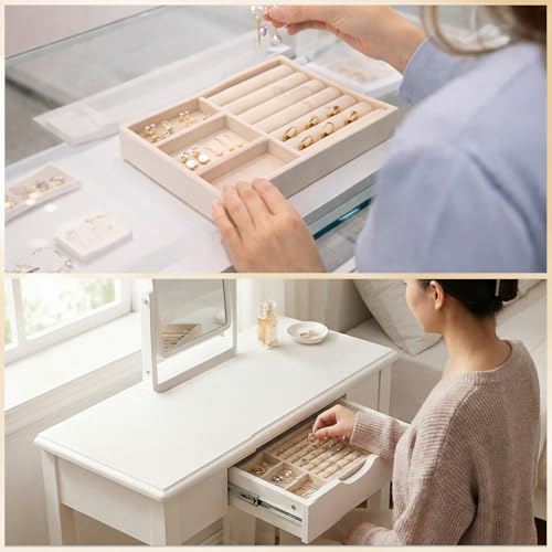 Jewelry Box Insert Organizer for Drawer, Stackable Trays Velvet Jewelry Drawer Inserts, Ring Earring Stud Necklace Holder Display Storage Case(Beige, 8.3 x 4.9in) - color: Beige
