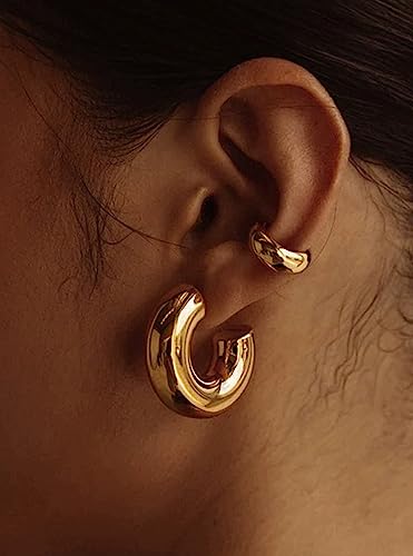 CONRAN KREMIX Waterproof Chunky Gold Hoops Earrings for Women Non Tarnish, Thick Gold Plated Circle Open Hoop,Lightweight Hollow Earrings Trendy - color: 30MM-Gold