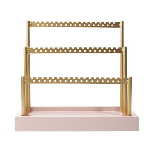 SANY DAYO HOME 3-Tier Earring Holder Organizer Stand, 105 Holes Gold Metal Earring Rack Jewelry Display Tree with Pink Wood Tray for Women and Girls - color: Gold Rack Pink Base
