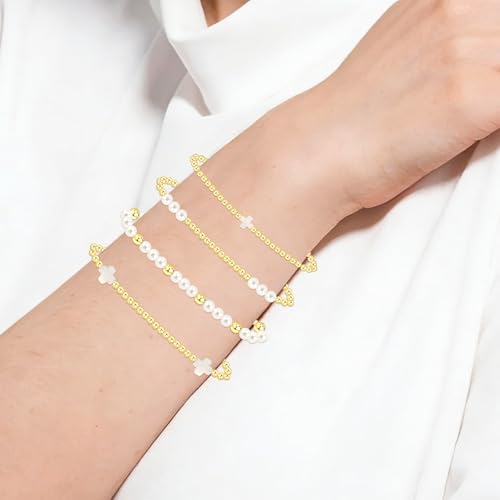 14K Gold Plated Stackable Beaded Bracelets for Women - 4Pcs Cross & Pearl Stretch Bracelet Stack, Waterproof Gold Beaded & Pearl Bracelet Set