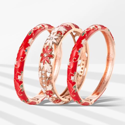 UJOY Womens Multi-Colors Cloisonne Bracelet Plated Flower Hollowed Enameled Hinged Cuff Bangles Jewelry Gift 88A10 - color: 3 Pcs Set-C11-Red