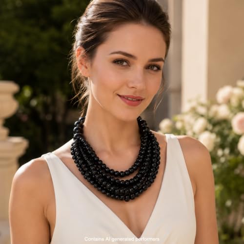 Handmade Layered Wood Bead Necklace for Women - Chunky African Statement Necklace, Natural Khaki Beaded Jewelry, Hypoallergenic & Skin-Safe for Sensitive Skin, Boho Rainbow Inspired Chunky Collar Necklace - color: Black