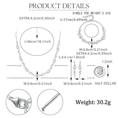 EVER FAITH Cubic Zirconia Pearl Leaf Bridal Jewelry Set for Bride Women | White Wedding Prom Necklace Dangle Earrings Bracelet, for Bridesmaid - color: Leaves_Silver-Plated-Brass