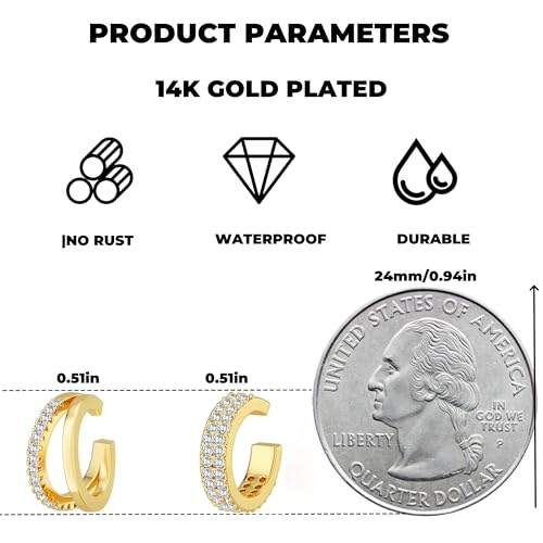 Gold Ear Cuffs Earrings for Women Non Piercing Clip on Cartilage Earrings | Trendy Gold Ear Cuff,Cartilage Clip on Earrings,Thin Huggie Hoop CZ Earring Set ,Fashion Jewelry,Non Tarnish,Gift - style: 2pc double cz-gd