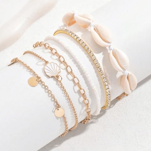 Qceasiy Starfish Ankle Bracelets for Women, Boho Beaded Beach Anklets Set | Gold-plated layered anklets in seashell, disc, and conch styles, with stretch or adjustable fits for summer beach outfits. - color: White 5