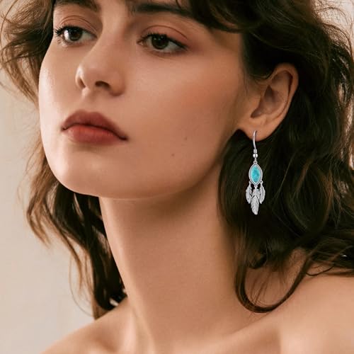 AVECON Turquoise Dangle Earrings for Women, Sterling Silver Feather Jewelry | Genuine Western Marquise Boho Pierced, Native American Jewelry with Hook and Leaf, for Cowgirl & Cowboy - color: Turquoise