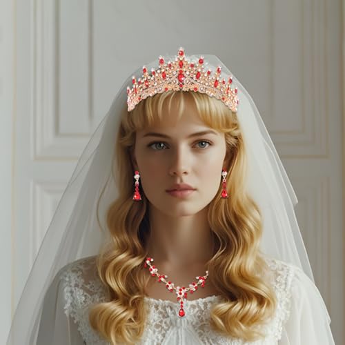 Crystal Crown and Tiara Jewelry Set for Women Bride with Necklace Earrings | Metal Rhinestone Royal Queen Princess Jewelry Set Wedding Quinceanera Pageant Prom Birthday Halloween Party Costume Gift - color: Red