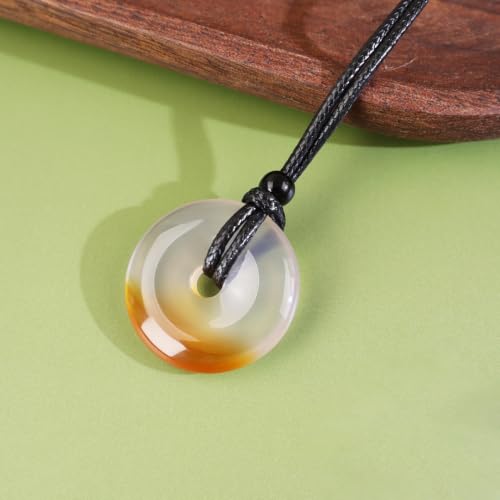 FANASY Natural Gemstone Pendant Necklce Lucky Coin Crystal Necklace Protection Donut Pendnat with Adjustable Rope for Men Women - color: Chalcedony