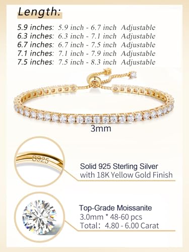 CYW 2mm/3mm All Moissanite Tennis Bracelet for Women, Solid 925 Sterling Silver, 5.5-7.5inch (14-19cm), with 2cm Adjustable Chain Extender, Birthday Anniversary Valentines Mothers Day Ideal Gift - color: 3mm - Yellow Gold, size: 6.7 Inches