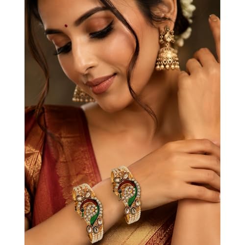 Efulgenz Indian Faux Pearl Peacock Hinge Openable Cuff Bracelet Bangle