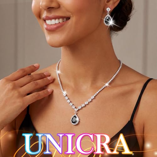 Unicra Bride Crystal Necklace Earrings Set Bridal Wedding Jewelry Sets Rhinestone Choker Necklace Prom Costume Jewelry Set for Women and Brides - color: Black