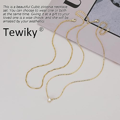 Tewiky Dainty 14k Gold Plated/Silver Cubic Zirconia Necklaces for Women, Simple CZ Jewelry Necklaces Trendy Gifts - color: Gold layer chain CZ