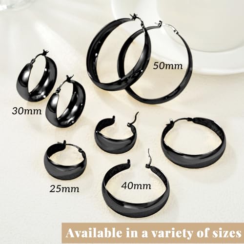 Senteria 12mm Wide Thick Sterling Silver Hoop Earrings Hypoallergenic | 14K Real Gold Plated Hoops Large Earring Lightweight Chunky Hoops Earring for Women Gift for Birthday Christmas 25/30/40/50MM - color: Black-40mm