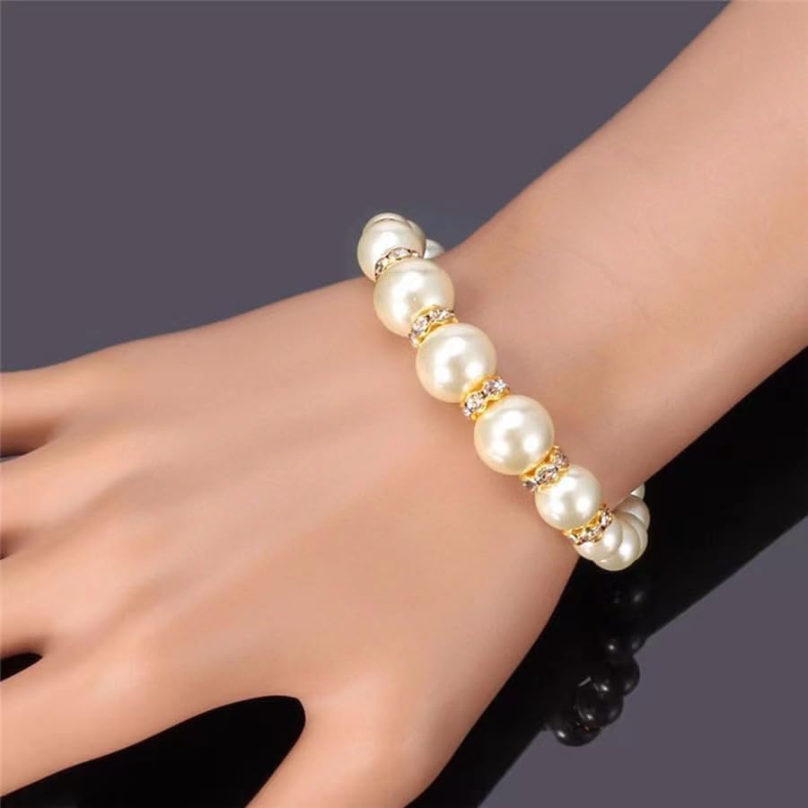 DATOA 3 Pcs Set Elegant Pearl Round Beads Imitation Pearl Acrylic Necklace Earrings Bracelet Sparkling Crystal Jewelry for Women Wedding Engagement Jewelry Set - color: Gold