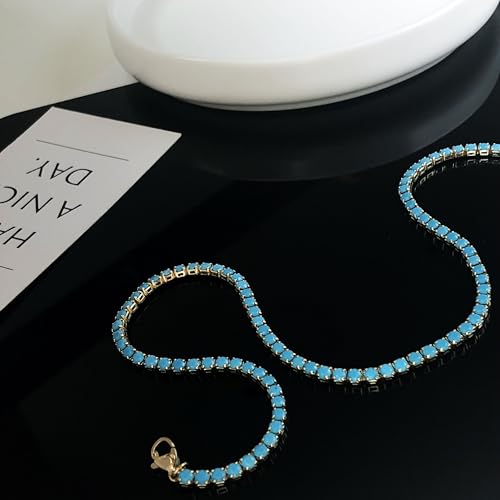 Luxval Tennis Necklace 14K Gold Plated Rhinestone Butterfly Choker Necklaces for women Dainty Zirconia Cut Faux Diamond chain 3mm - color: Gold-Turquoise tennis