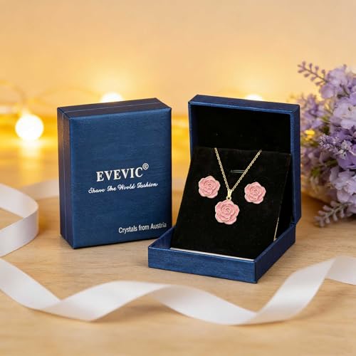 EVEVIC Enamel Rose Necklace and Earrings Jewelry Set for Women | 14K Gold Plated,Rose Represent: Love Gratitude Prid,Adjustable Chain Fit,Elegant Sets for Daily and Party Wear,Gift Box - color: Pink
