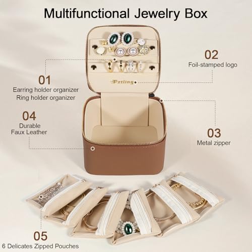 Travel Jewelry Case Organizer - Compact PU Leather Jewelry Box with 6 Small Portable Velvet Jewelry Pouches&2 Inner Lid Slots for Rings Earrings Necklaces Bracelets,Ideal Gift for Women Girls (Brown)