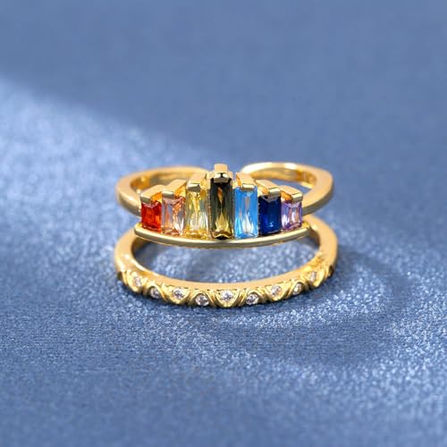 MALOYANVE Rhinestone Crown Open Ring for Women, Colorful Crystal Cubic Zirconia, Rainbow, Adjustable, Elegant Princess Queen Statement Promise Wedding Jewelry - color: Gold