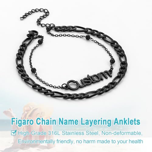 U7 Custom Layered Ankle Bracelets for Women Stainless Steel Bead/Cuban/Figaro/Rope/Wheat Chain Anklet Waterproof Anklet Jewelry for Beach Vacation - color: c-Black-Figaro Chain