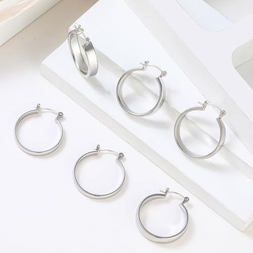 3Pairs 14K Gold Plated Chunky Hoop Earrings Set for Women, Trendy Hoop Earring 925 Sterling Silver Post - Hypoallergenic Thick Lightweight Twisted Hoops Dainty Gold Earrings for Women Jewelry Gifts - color: Silver 01