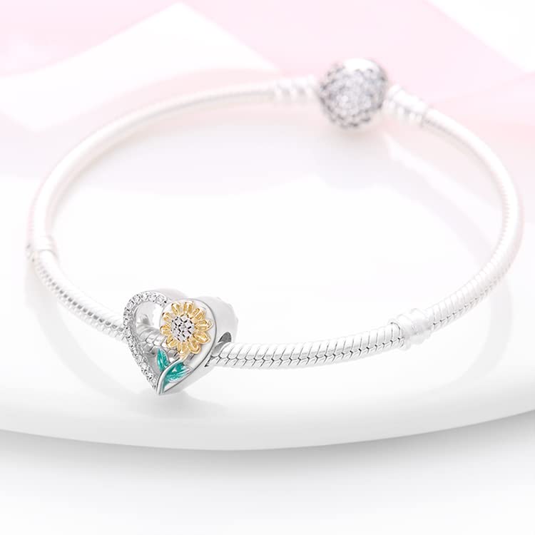 Pandach 925 Sterling Silver Charms for Bracelet&Necklace Dangle Pendant Bead with 5A Cubic Zirconia Stones,Jewelry Beads Gifts for Women - style: A-Heart shape, Sunflower charm