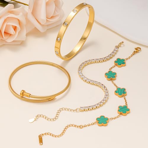Gold Bracelets for Women, 18K Gold Plated Women Tennis Bracelets Clover Nail Love Bangle Bracelet Set, Gold Bracelet Stackable Set Trendy Jewelry, Gifts for Women's Day and Mother's Day - color: 07-Color-green