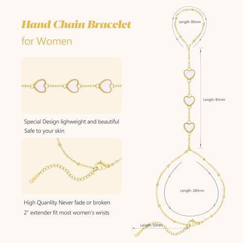 Hand Chain Bracelets for Women 14K Gold Plated Dainty Link Bracelet Bracelets Trendy Ring Bracelet Birthday Jewelry Gifts for Women - style: White Heart