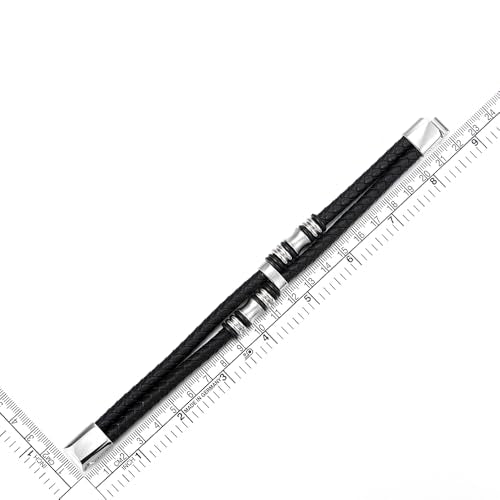 COOLSTEELANDBEYOND Mens Double-Row Braided Leather Bracelet Bangle Wristband with Black Stainless Steel Ornaments - color: B-Black Silver