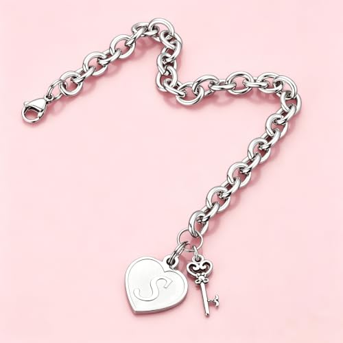 M MOOHAM Heart Initial Bracelets for Girls Women - Engraved 26 Letters Initial Charms Bracelet Stainless Steel Bracelet Birthday Christmas Jewelry Gift for Women Teen Girls - style: A - Heart