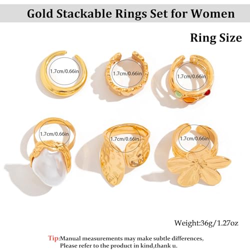 Chunky Stackable Rings Set for Women Non Tarnish Adjustable Open Stacking Knuckle Ring Chunky Joint Finger Midi Rings Pack Dainty Simple Statement Jewelry - style: D-6pcs flower pearl