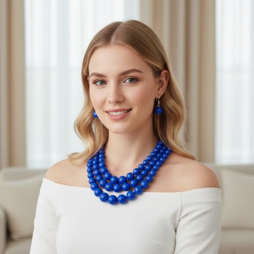 Simulated Pearl Necklace & Earring Set, Multi Strand - color: Royal Blue