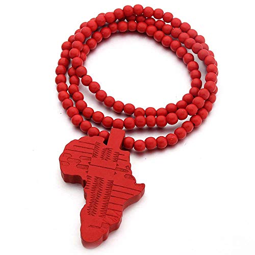 COLORFUL BLING Multicolor 8MM Wooden Bead Chain African Hip-hop Africa Map Pendant Necklace for Men Boys Natural Wood Jewelry - color: red