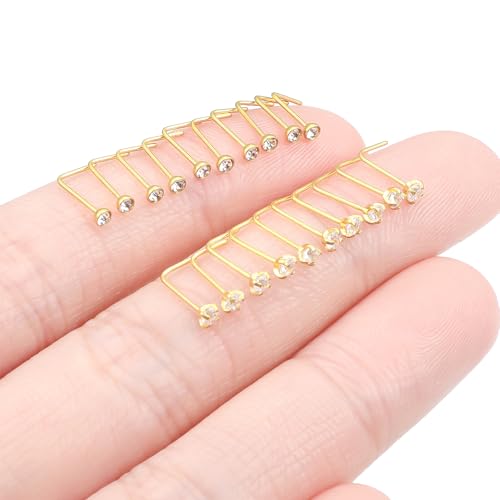 20Pcs Nose Rings Studs Surgical Steel L-Shape Nose Rings for Women 1.5mm 2mm Cubic Zirconia Nose Screw Studs Hypoallergenic Nose Piercings Jewelry 24g 22g 20g 18g - color: L-shape,goldtone, size: 24g,2mm CZ