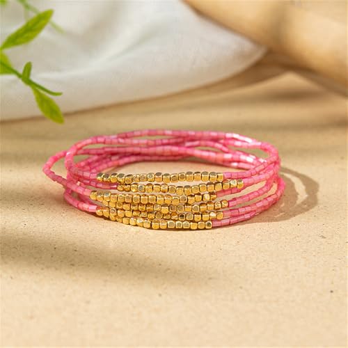 Boho Stackable Seed Beaded Bracelet Set for Women Colorful Multilayered Gold Beads Stretch Bracelets Summer Beach Bohemian Jewelry Gift - color: Watermelon Pink