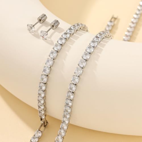 Tennis Jewelry Set for Women 4mm Cubic Zirconia Necklace Bracelet Earring 3Pcs Set Silver Tone Hypoallergenic Iced Out CZ Bridal Accessories Dainty Wedding Party Anniversary Birthday Gift for Her - color: silver 13 inches + 2 inches
