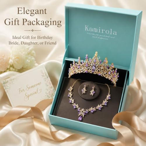 Kamirola Tiaras and Crowns for Women,Tiaras Earrings Necklace, Crystal Bridal Jewelry Set, Costume Jewelry for Women Party Halloween Prom Pageant - color: GOLD PURPLE