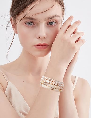 LALAPPLE Gold Plated Beaded Acrylic Bamboo Tube Bangle Bracelets for Women, Colorful Chunky Curved Tube With Gold Plated Pieces Beads Stretch Bracelet Friendship Summer Beach Jewelry - color: X-Beige Set