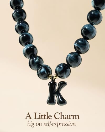 DoDoBeads Chunky Colorful Beaded Initial Necklace, Bubble Letter Choker | Gift box and dust pouch included; waterproof and sweat-resistant with real gold plated stainless steel hardware - color: Black-K