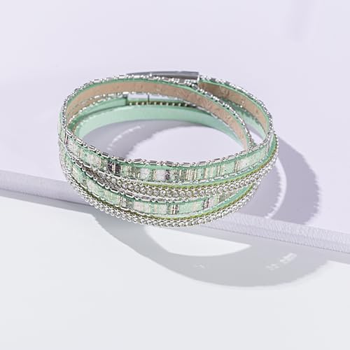Boho Double Wrap Leather Bracelets Stackable Layered Western Hippie Jewelry | Colorful Stacked Bohemian Statement Chunky Magnetic Clasp Cuff Bangles Cowgirl Country Summer Beach Outfits for Women Trendy - color: Green