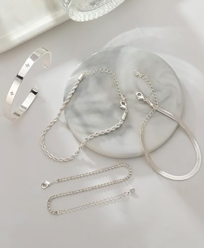Gold Bracelets for Women 14K Gold Plated Stack Trend Bracelets Charm Paperclip Chain Cuban Link Layered Waterproof Bracelet Dainty Bracelet for Women Jewelry Gifts - color: Silver