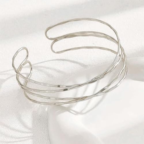 Arm Cuff for Women Layered Armlet Open Adjustable Arm Cuff Gold Silver Upper Arm Cuff Bracelet Minimalist Armband Trendy Jewelry - color: Silver Arm Cuff