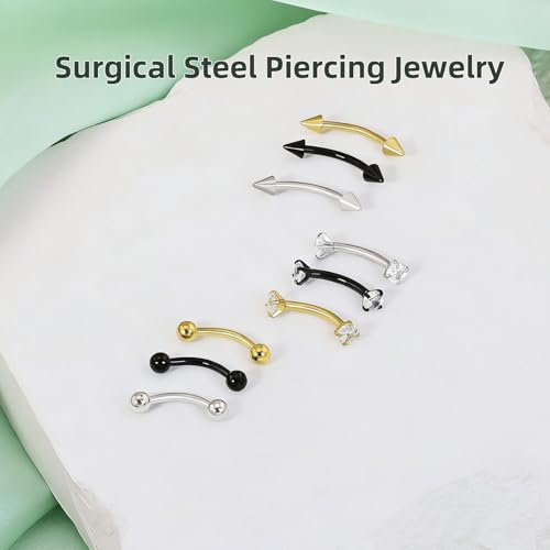 9PCS Gold Eyebrow Piercing Jewelry Titanium, Rook Jewelry Gold Surgical Steel Silver Eyebrow Rings for Women Men CZ Tiny Labret Lip Daith Navel Belly Button Helix Tragus Piercing Jewelry 16G 6mm/8mm/10mm - style: Eyebrow-8mm-9pcs