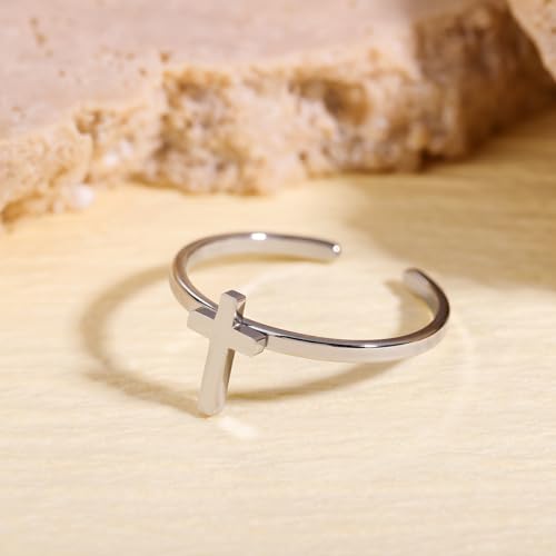 Stainless Steel Cross Open Ring, Minimalist Basic Band, Colorfast Fashion Ring for Teens, Religious & Daily Casual Wear