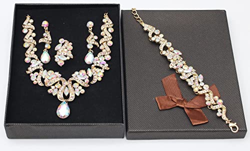 Jewelry Set for Women, Statement Necklace Dangle Earrings Bracelet Ring, White/KC Gold Plated Jewelry Set with Rhinestone Pearl Crystal Wedding Party Jewelry for Bridal Bridesmaid - color: Set001-Style2-AB Crystal-Gold Plated