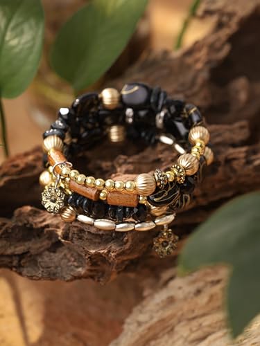 MINACHI Summer Boho Retro Style Multilayer Wrap Irregular Beads with Golden Flower Charm Bracelets, Blue Tone, Ethnic Jewelry for Women - style: Bracelet R17-017