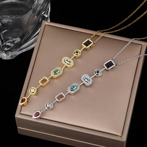 18K Gold Plated Seven Chakra Necklace for Women, Dainty Y Necklace Lariat Drop Pendant, Crystal Healing Yoga Jewelry Gifts - color: Silver 01