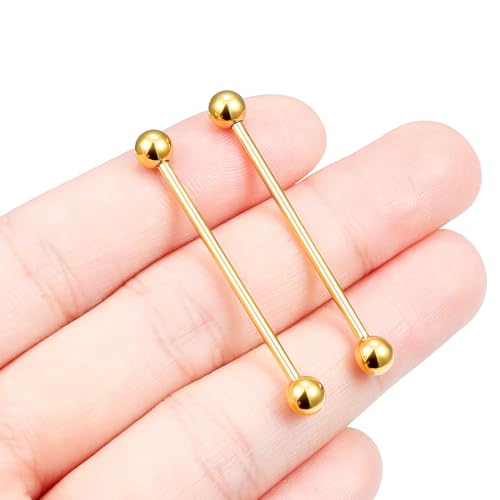 16G 14G Surgical Steel Tongue Rings Nipple Rings Industrial Piercing Jewelry Set Multi Size Straight Barbells 12mm 14mm 16mm 19mm 22mm 28mm 32mm 35mm 38mm 40mm 45mm for Women Men - color: goldtone, size: 14g,bar length 32mm