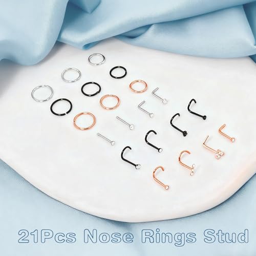 8PCS Titanium Nose Rings Stud, Gold Nose Ring for Women Men Hypoallergenic Nostril Hoops L Shape Nose Studs Corkscrew CZ Nose Piercing Jewelry Silver 18G & 20G Nose Ring Studs 2/2.5/3mm - style: 21Pcs-silver rose gold black