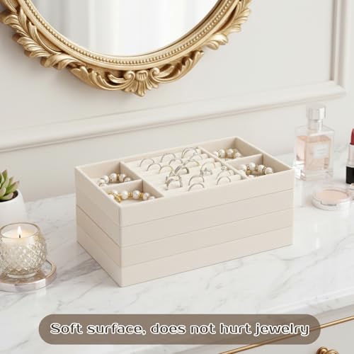 4 Pcs Stackable Jewelry Organizer Trays, 8 x 5 x 1 Inch Velvet Jewelry Trays Beige Jewellery Drawer Inserts Organizer Display Case Storage with Removable Dividers for Earring, Necklace, Rings